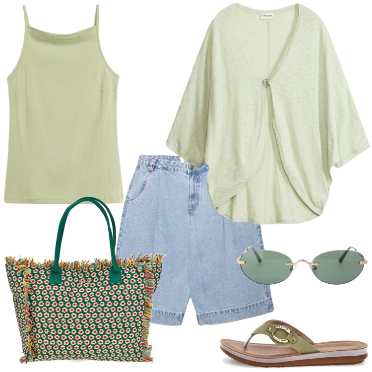 Outfit donna - Summer Holidays - Basic. Stile Basic per Tutti i giorni. Abbinamento con top, cardigans, bermuda, occhiali da sole, shopping bag, infradito.