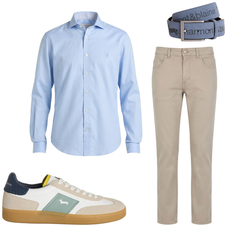 Outfit uomo - In ufficio a luglio. Stile Casual per Ufficio. Abbinamento con pantaloni, camicie, sneakers, cinture.
