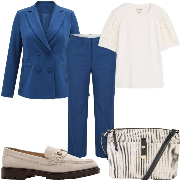 Outfit donna - Total look #2443656. Stile Mannish per Ufficio. Abbinamento con mocassini, borse a tracolla, maglieria, blazer, pantaloni.
