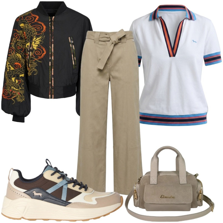 Outfit donna - Total look #2443661. Stile Casual per Tutti i giorni. Abbinamento con polo, pantaloni, sneakers, borse a mano, bomber.