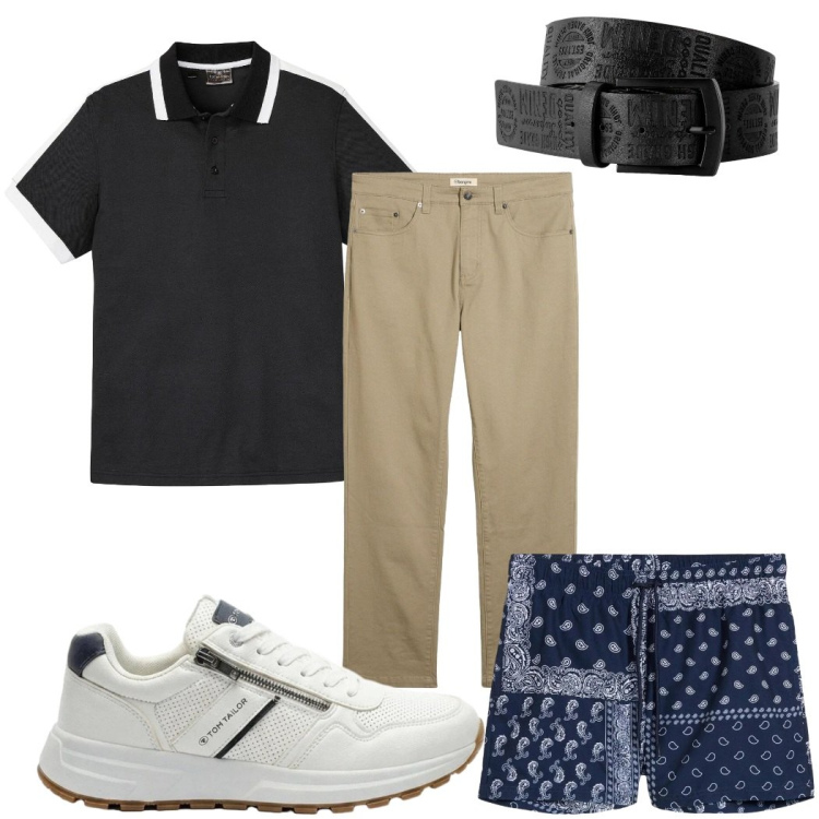 Outfit uomo - Total look #2443663. Stile Trendy per Mare. Abbinamento con cinture, pantaloni, sneakers, costumi, polo.