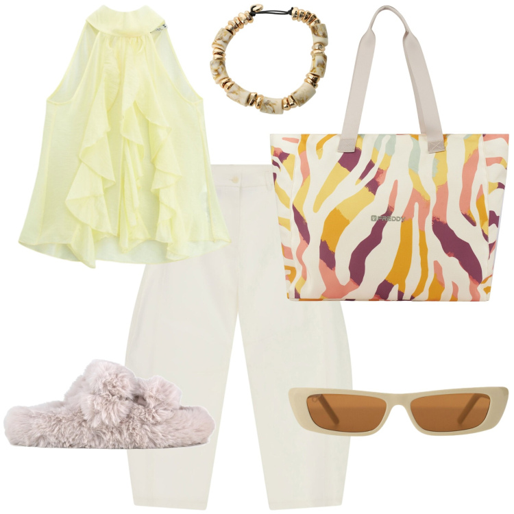 Outfit donna - Summer Holidays - Trendy. Stile Trendy per Tutti i giorni. Abbinamento con occhiali da sole, pantaloni a palazzo, top, braccialetti, shopping bag, ciabatte.