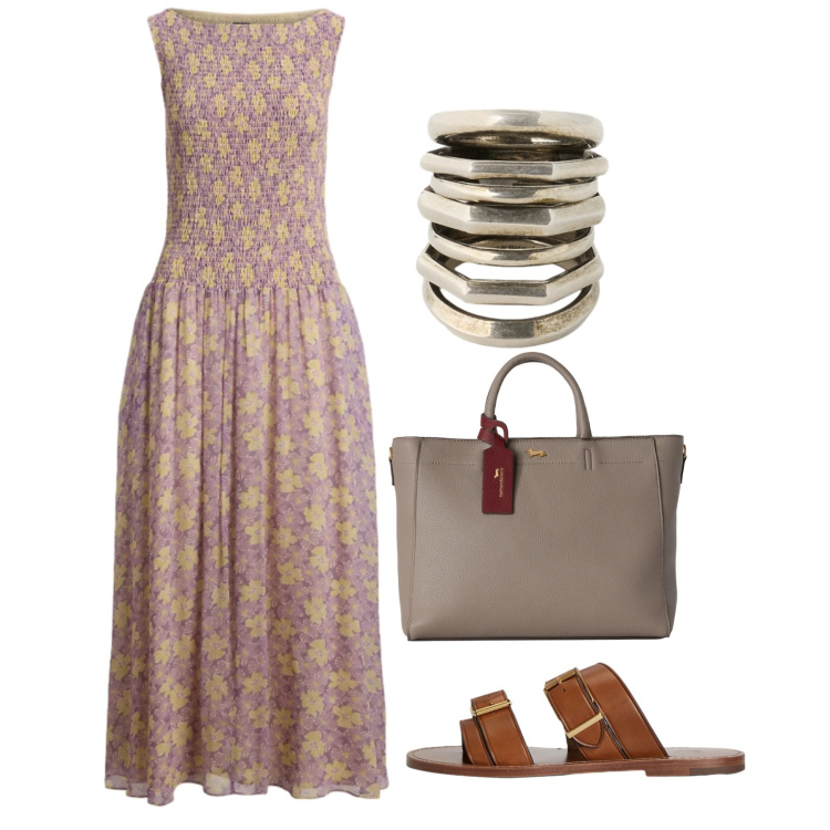 Outfit donna - Summer Holidays. Stile Bon Ton per Tutti i giorni. Abbinamento con borse a mano, sandali in pelle, anelli, vestiti.