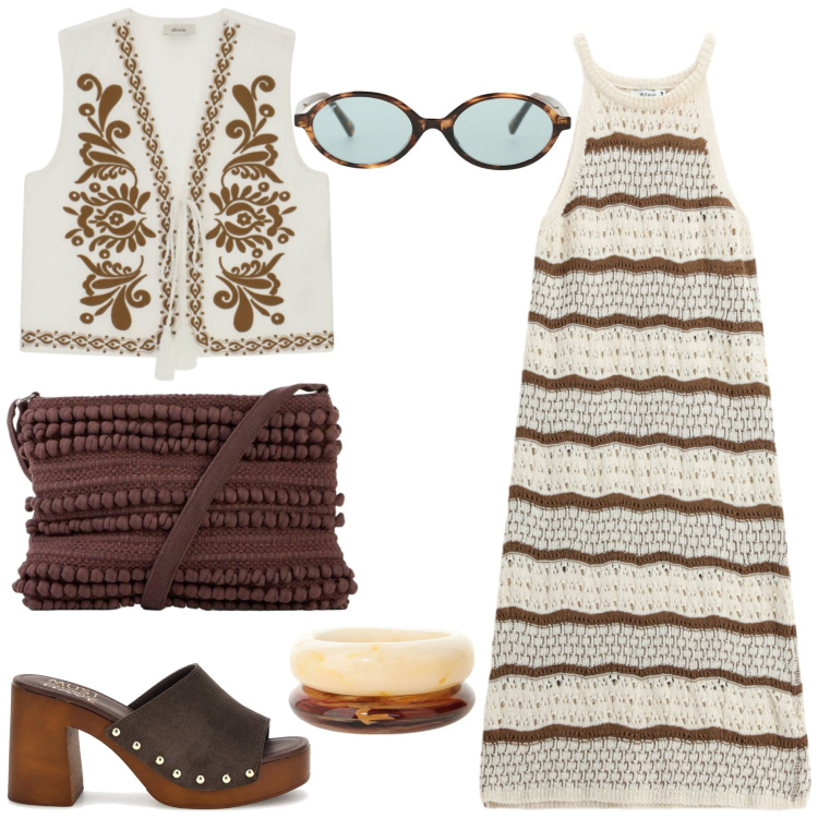 Outfit donna - Summer Holidays - Etnico. Stile Etnico per Tutti i giorni. Abbinamento con borse a tracolla, occhiali da sole, vestiti midi/longuette, gilet, braccialetti, sandali in pelle.