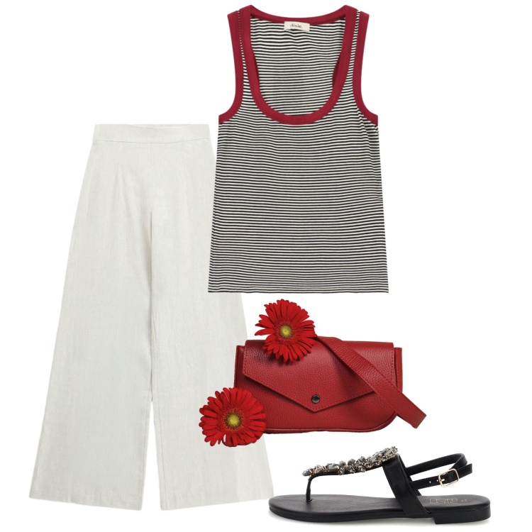 Outfit donna - Summer Holidays. Stile Bon Ton per Tutti i giorni. Abbinamento con pantaloni a palazzo, borse a tracolla, top, sandali gioiello.