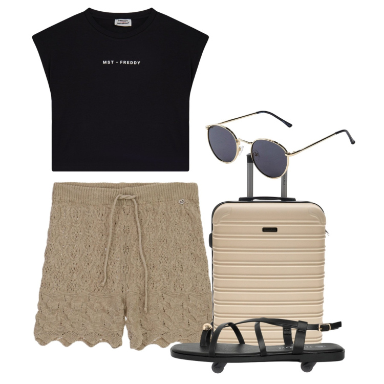 Outfit donna - Summer Holidays. Stile Basic per Tutti i giorni. Abbinamento con occhiali da sole, sandali, shorts, canottiere, valigie.