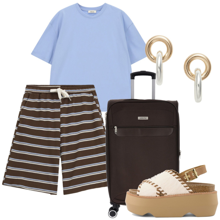 Outfit donna - Summer Holidays. Stile Basic per Tutti i giorni. Abbinamento con bermuda, t-shirt, orecchini, zeppe, valigie.