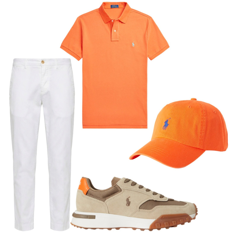 Outfit uomo - Arancio. Stile Casual per Tutti i giorni. Abbinamento con pantaloni chino, polo, cappelli con visiera, sneakers.