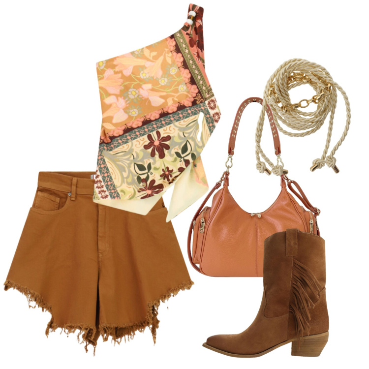 Outfit donna - Summer Holidays. Stile Casual chic per Tutti i giorni. Abbinamento con stivali, cinture, top, shorts, borse a spalla.