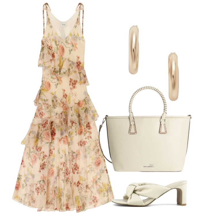 Outfit donna - Summer Holidays. Stile Romantica per Tutti i giorni. Abbinamento con shopping bag, vestiti lunghi, orecchini, sandali col tacco.