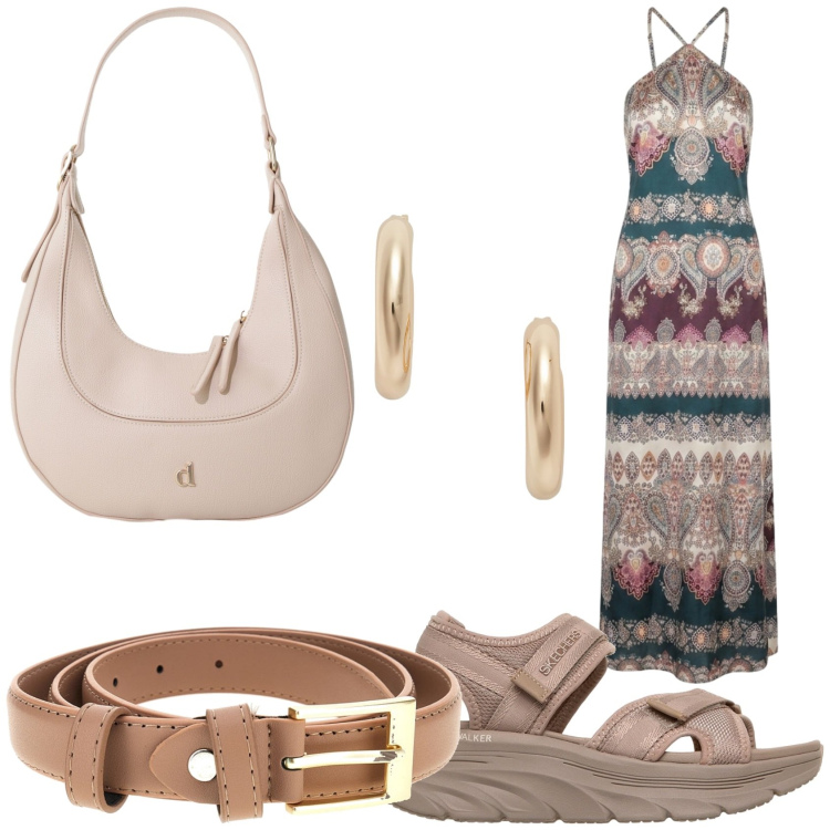Outfit donna - Abito comodo in citta\'. Stile Etnico per Tutti i giorni. Abbinamento con borse a tracolla, vestiti lunghi, orecchini, sandali, cinture.