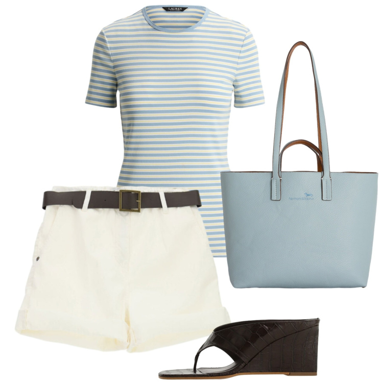 Outfit donna - Riviera Chic. Stile Casual chic per Tutti i giorni. Abbinamento con sandali, shorts, shopping bag, t-shirt.
