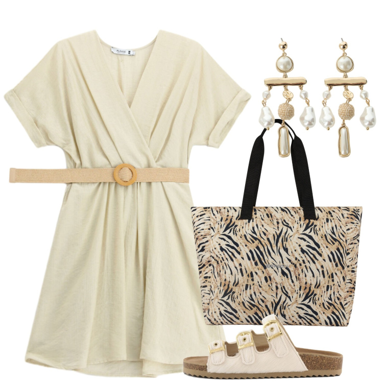 Outfit donna - Agosto. Stile Bon Ton per Tutti i giorni. Abbinamento con vestiti corti, orecchini, shopping bag, sandali in pelle.