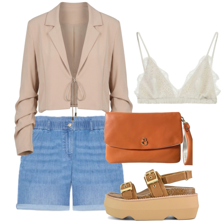 Outfit donna - Elisendra: l\'arte dell\'accessorio. Stile Casual chic per Tutti i giorni. Abbinamento con reggiseni, top, shorts, pochette, sandali col tacco.
