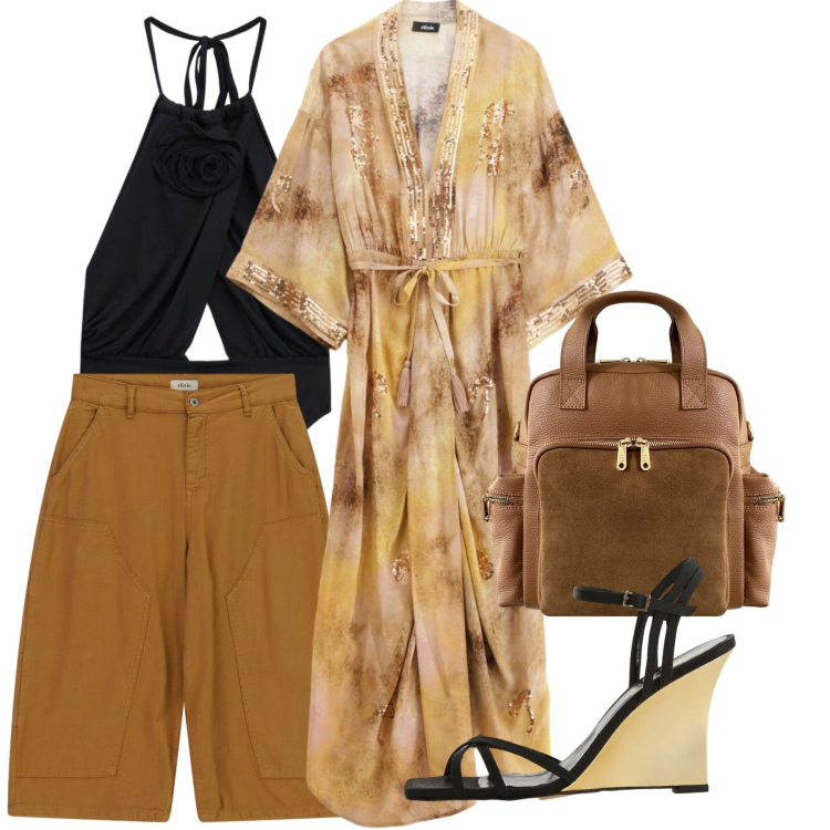 Outfit donna - Elisendra: l\'arte dell\'accessorio. Stile Chic per Serata fuori. Abbinamento con sandali col tacco, vestiti lunghi, body, shorts, zaini.