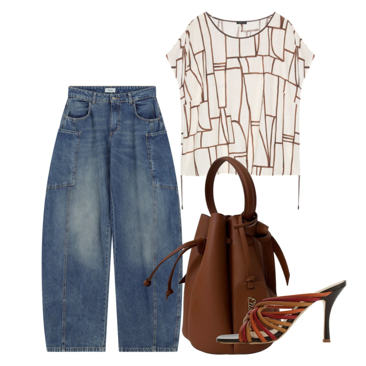 Outfit donna - Elisendra: l\'arte dell\'accessorio. Stile Casual chic per Tutti i giorni. Abbinamento con jeans, sandali, t-shirt, borse a secchiello.
