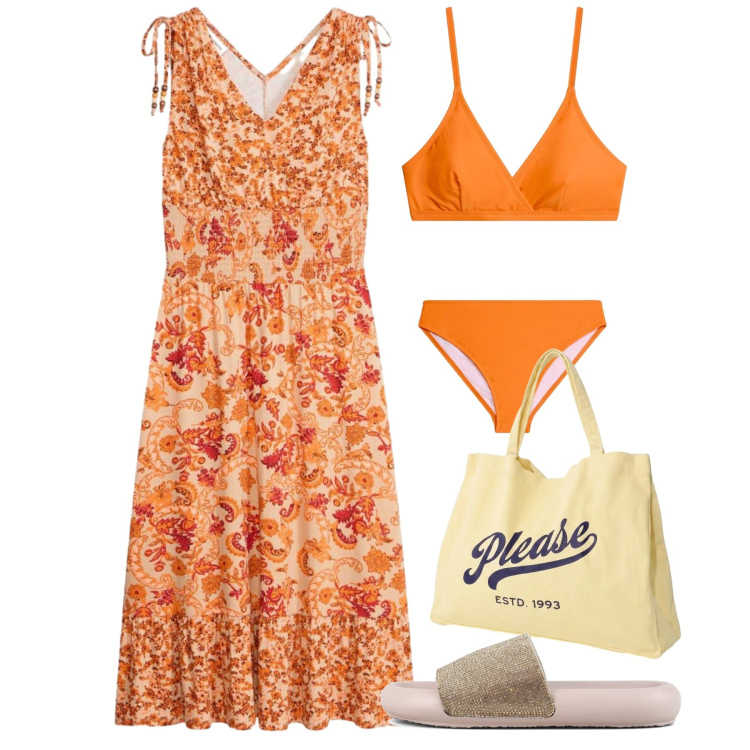 Outfit donna - Agosto orange. Stile Romantica per Mare. Abbinamento con vestiti, bikini, shopping bag, ciabatte.