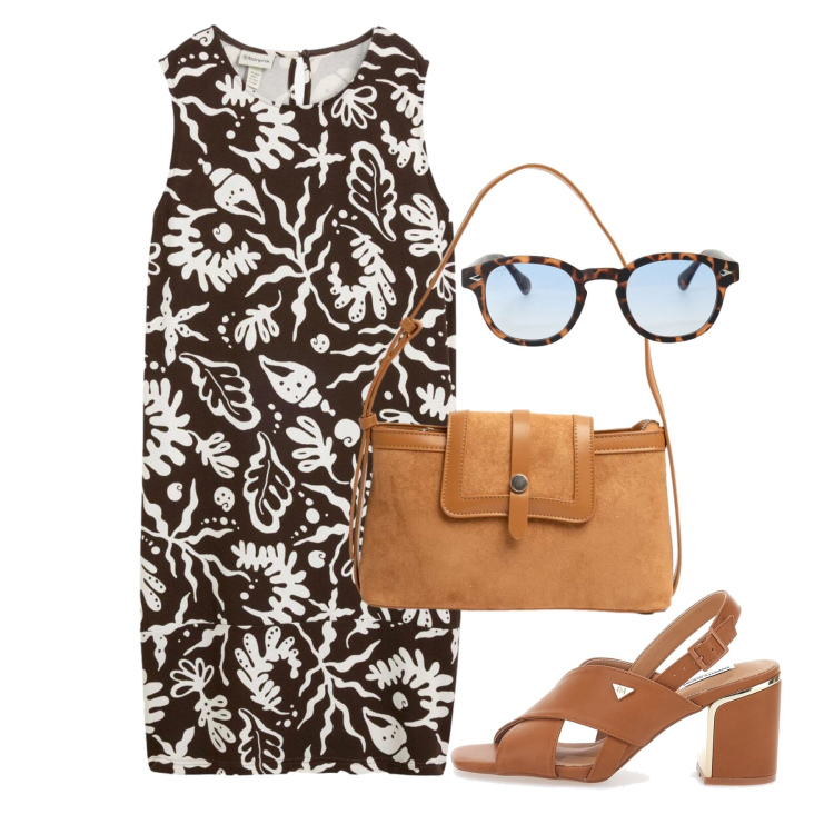 Outfit donna - Agosto. Stile Bon Ton per Ufficio. Abbinamento con vestiti, occhiali da sole, borse a tracolla, sandali col tacco.