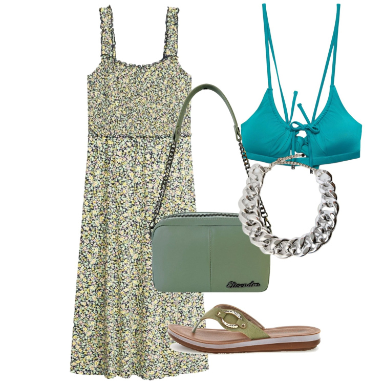 Outfit donna - Agosto. Stile Bon Ton per Mare. Abbinamento con vestiti, bikini, collane, borse a tracolla, infradito.