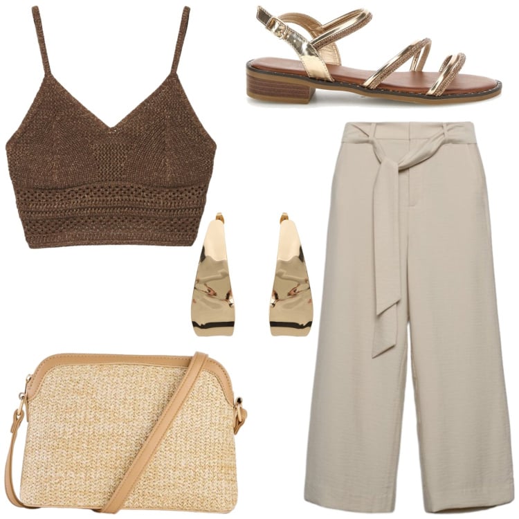 Outfit donna - Agosto in città. Stile Urban per Tutti i giorni. Abbinamento con borse a tracolla, top, pantaloni a palazzo, orecchini, sandali col tacco.