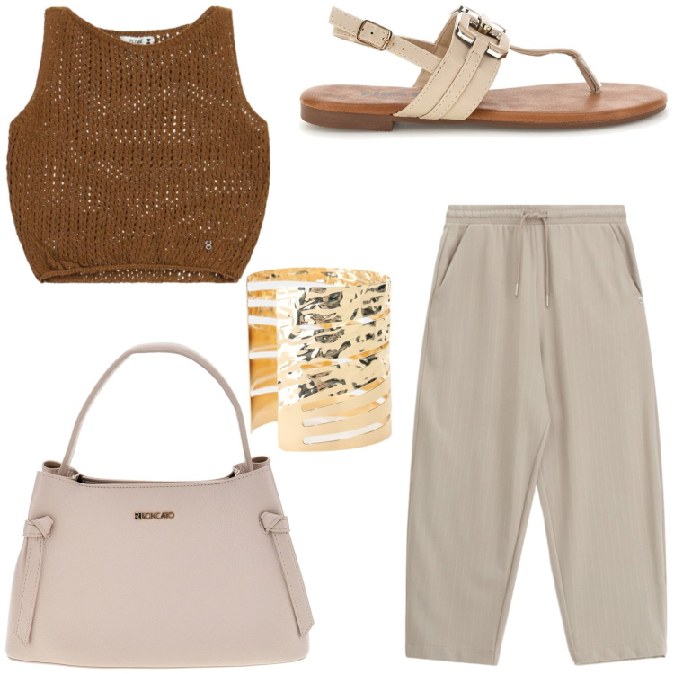 Outfit donna - Come mi vesto ad agosto. Stile Casual chic per Tutti i giorni. Abbinamento con pantaloni, top, braccialetti, sandali, borse a tracolla.