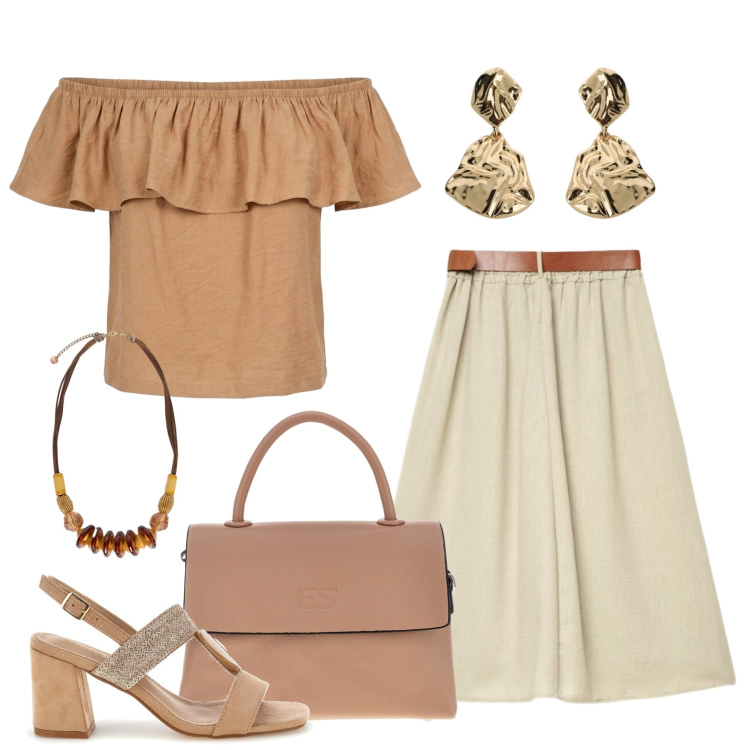 Outfit donna - Dalla mattina all\' aperitivo. Stile Basic per Tutti i giorni. Abbinamento con gonne lunghe, orecchini, collane, top, borse a tracolla, sandali col tacco.