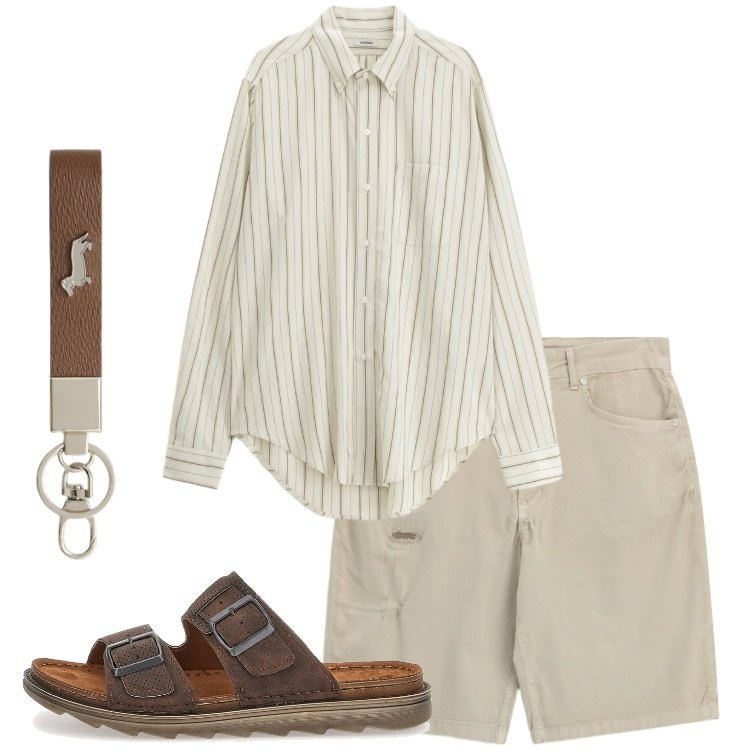 Outfit uomo - Resort mood. Stile Trendy per Tutti i giorni. Abbinamento con camicie, bermuda, portachiavi, sandali.