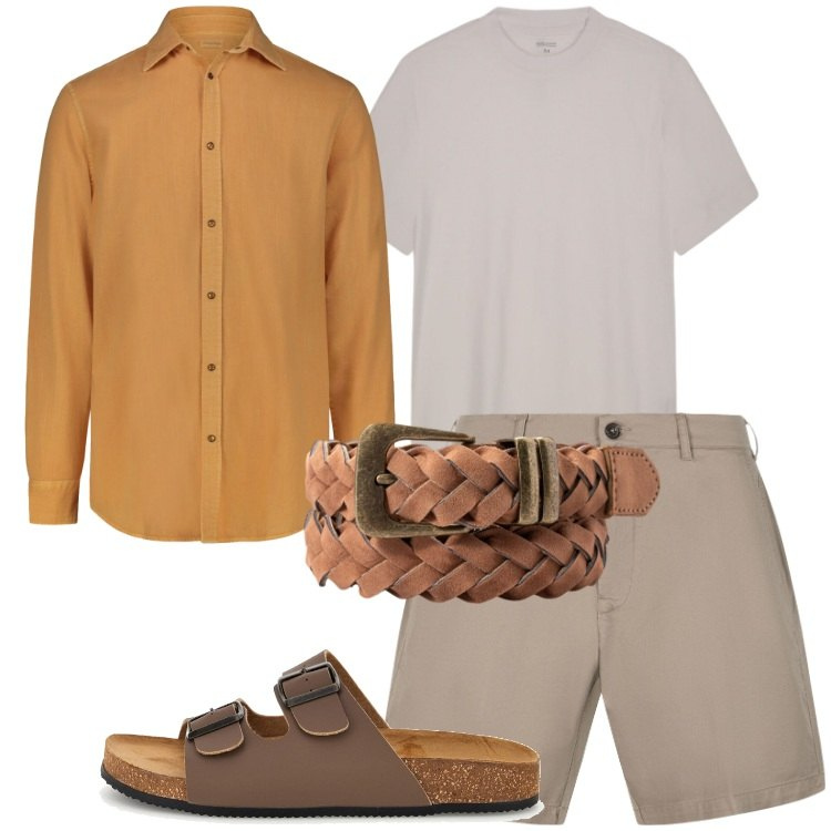 Outfit uomo - Camicia aperta d’estate. Stile Trendy per Serata speciale. Abbinamento con t-shirt, camicie, cinture, bermuda, sandali.
