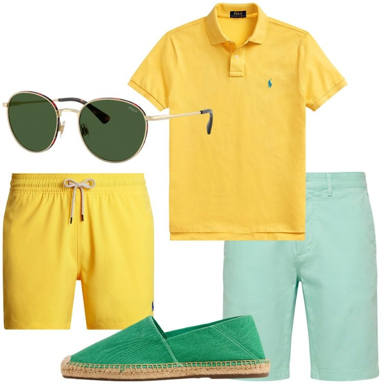 Outfit uomo - Colori accesi. Stile Casual per Mare. Abbinamento con bermuda, polo, occhiali da sole, costumi, espadrillas.