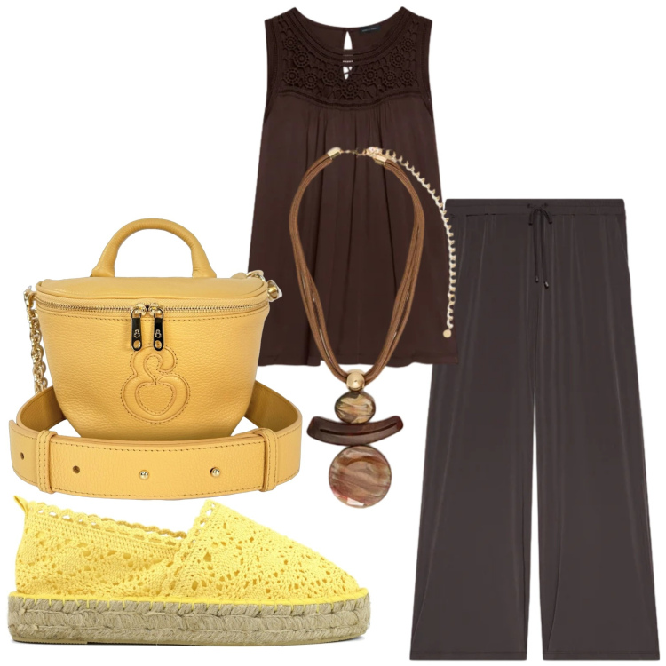 Outfit donna - Un raggio di sole. Stile Casual chic per Ufficio. Abbinamento con ciondoli, canottiere, pantaloni a palazzo, borse a tracolla, espadrillas.