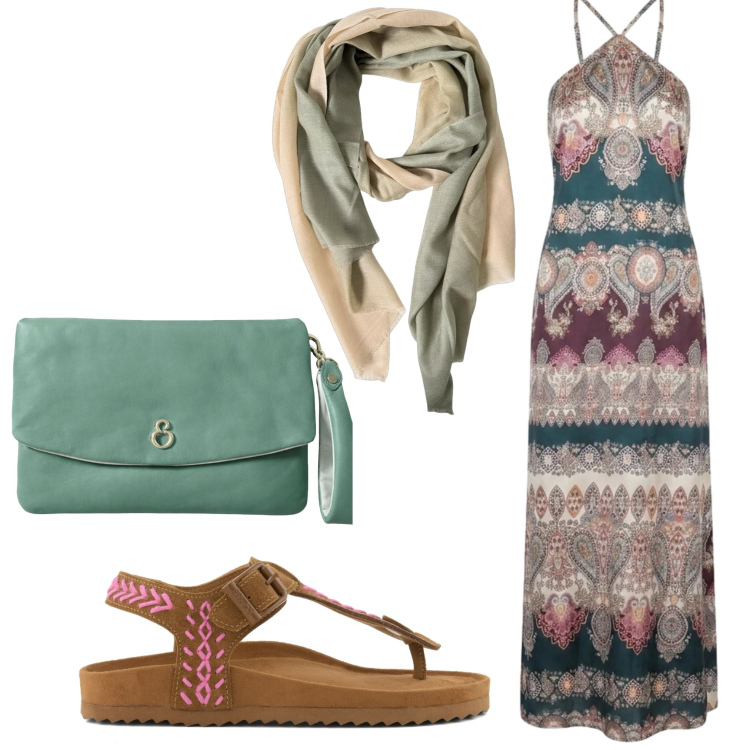 Outfit donna - Etno. Stile Etnico per Serata fuori. Abbinamento con vestiti lunghi, foulard, pochette, infradito.