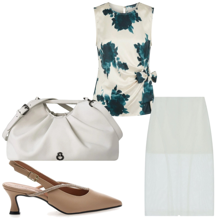 Outfit donna - Agosto al lavoro. Stile Chic per Ufficio. Abbinamento con gonne longuette, top, clutch, décolleté.