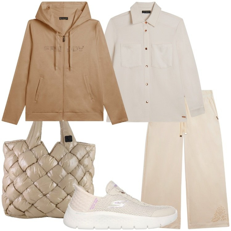 Outfit donna - Alpine Altitude. Stile Sporty chic per Tutti i giorni. Abbinamento con felpe con cappuccio, pantaloni, camicie, borse tote, scarpe sportive.