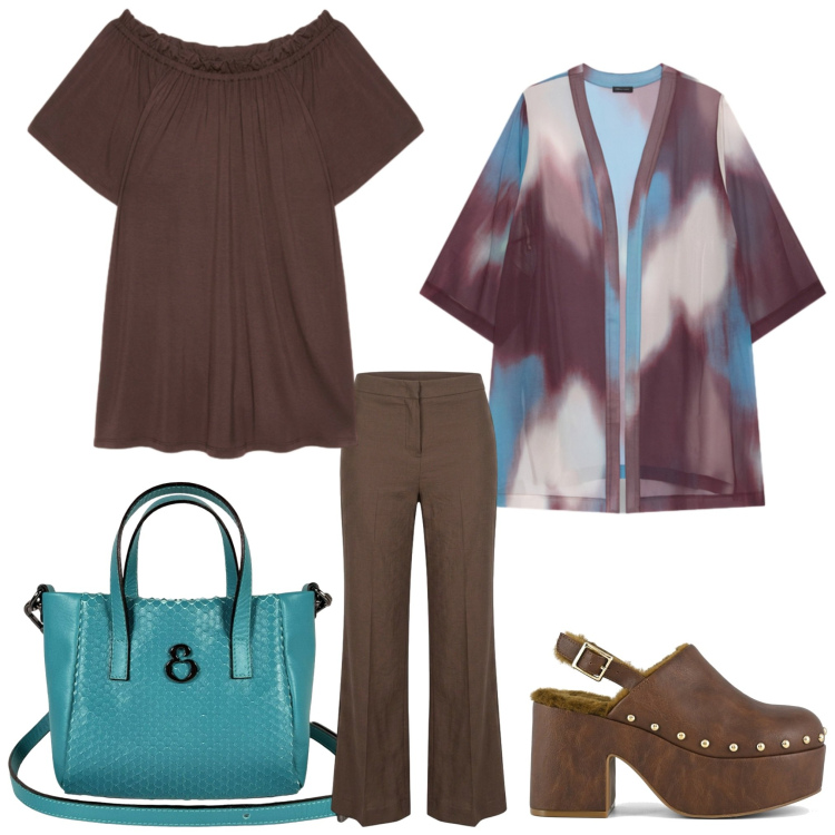 Outfit donna - Oggi mi vesto cosi. Stile Casual chic per Ufficio. Abbinamento con t-shirt, kimono, pantaloni, borse a mano, sabot.