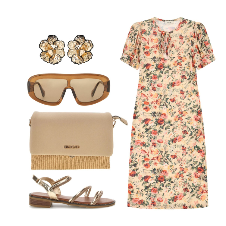 Outfit donna - Agosto. Stile Trendy per Tutti i giorni. Abbinamento con occhiali da sole, vestiti midi/longuette, orecchini, sandali col tacco, borse a spalla.