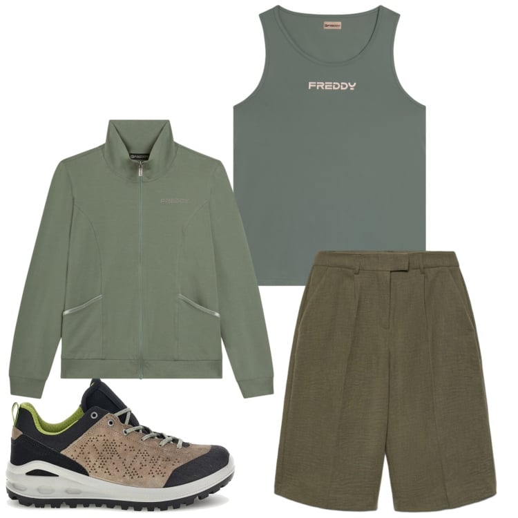 Outfit donna - Bosco. Stile Casual per Tutti i giorni. Abbinamento con bermuda, felpe, canottiere, scarpe sportive.