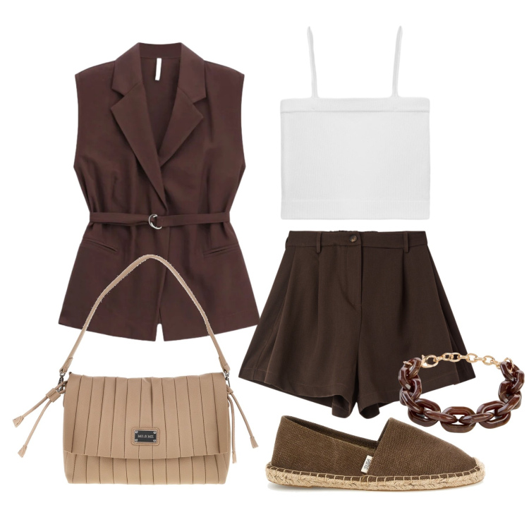 Outfit donna - Agosto. Stile Trendy per Tutti i giorni. Abbinamento con braccialetti, shorts, top, gilet, pochette, espadrillas.