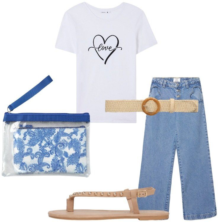 Outfit donna - 1° Agosto. Stile Casual per Tutti i giorni. Abbinamento con t-shirt, cinture, ciabatte, jeans, pochette.