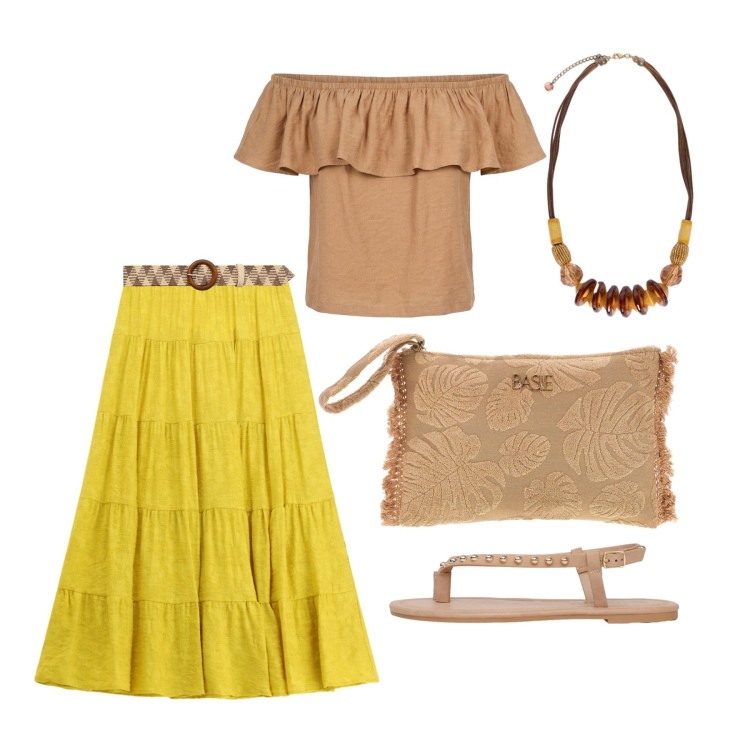 Outfit donna - Agosto. Stile Trendy per Tutti i giorni. Abbinamento con cinture, ciabatte, gonne lunghe, collane, top, pochette.