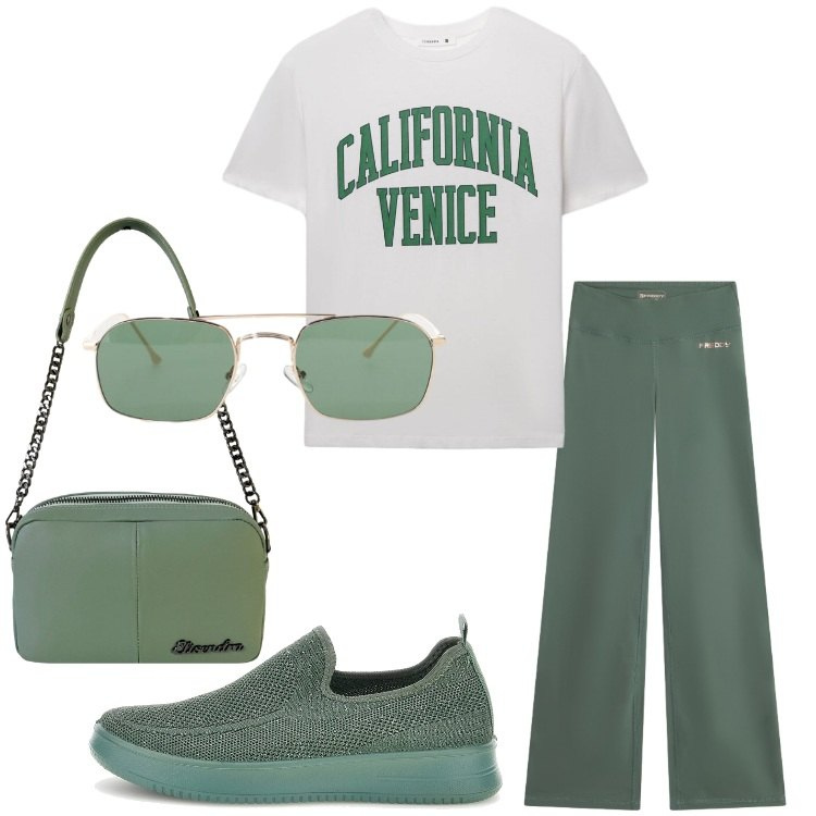 Outfit donna - Verde rilassante. Stile Casual per Tutti i giorni. Abbinamento con t-shirt sportive, occhiali da sole, pantaloni, borse a tracolla, sneakers.