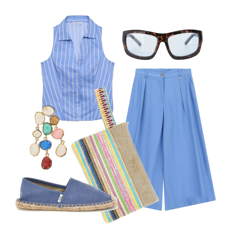 Outfit donna - Agosto. Stile Trendy per Tutti i giorni. Abbinamento con camicie a manica corta, occhiali da sole, pantaloni a palazzo, orecchini, pochette, espadrillas.