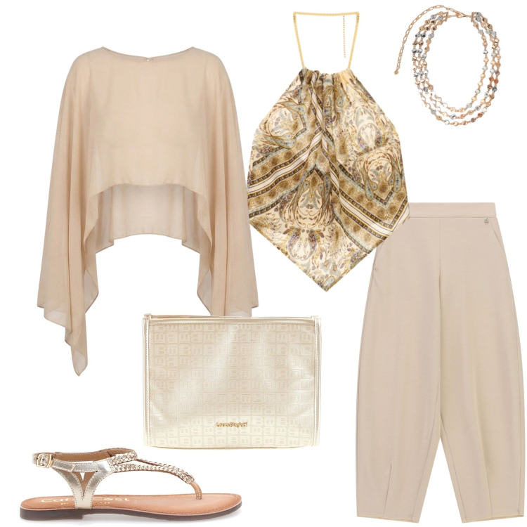 Outfit donna - Sunset gold. Stile Casual chic per Mare. Abbinamento con top, pantaloni, collane, blazer, sandali, pochette.