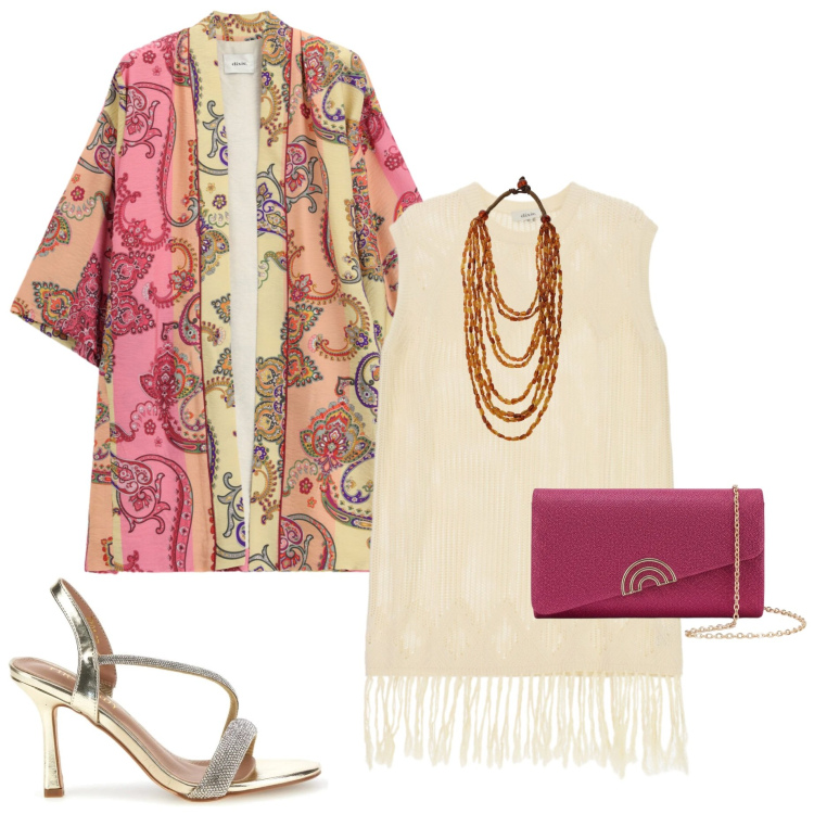Outfit donna - Sunset gold. Stile Casual chic per Serata fuori. Abbinamento con collane, vestiti corti, cappotti, sandali col tacco, pochette.