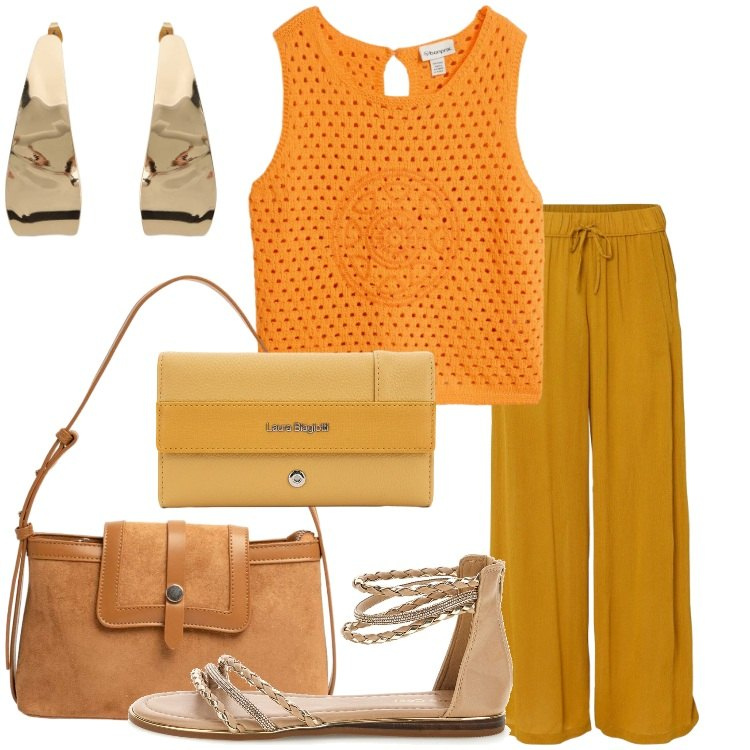 Outfit donna - Sunset Gold. Stile Trendy per Serata fuori. Abbinamento con pantaloni, top, orecchini, borse a tracolla, portafogli, sandali.