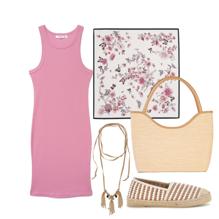 Outfit donna - Agosto. Stile Trendy per Tutti i giorni. Abbinamento con shopping bag, vestiti midi/longuette, collane, foulard, espadrillas.
