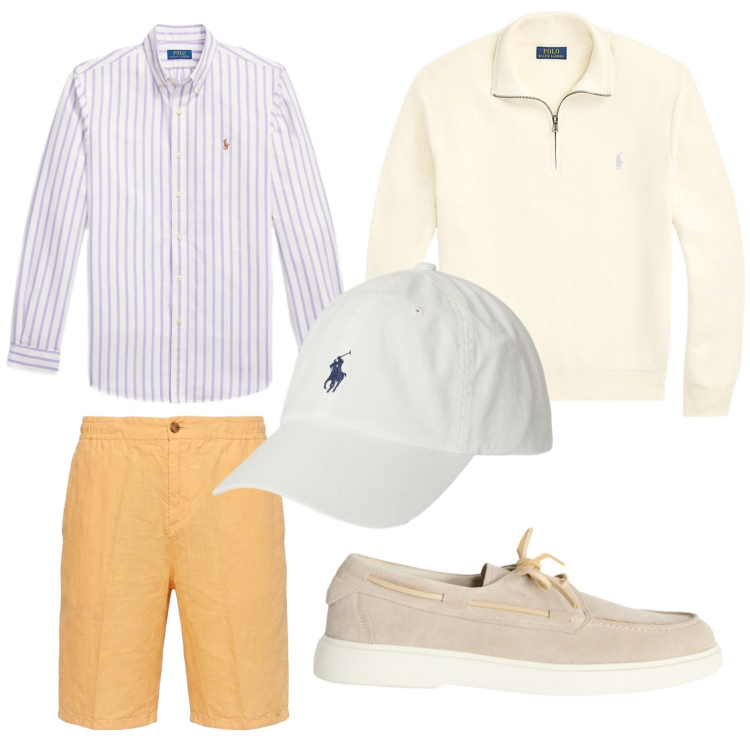 Outfit uomo - Resort mood. Stile Casual per Tutti i giorni. Abbinamento con scarpe stringate, bermuda, cappelli con visiera, maglieria, camicie.