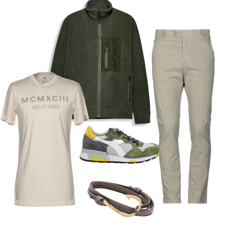 Outfit uomo - Comodo e trendy. Stile Trendy per Tutti i giorni. Abbinamento con sneakers, pantalone chino, t-shirt senza tasche con stampa collo tondo a maniche corte in cotone jersey.