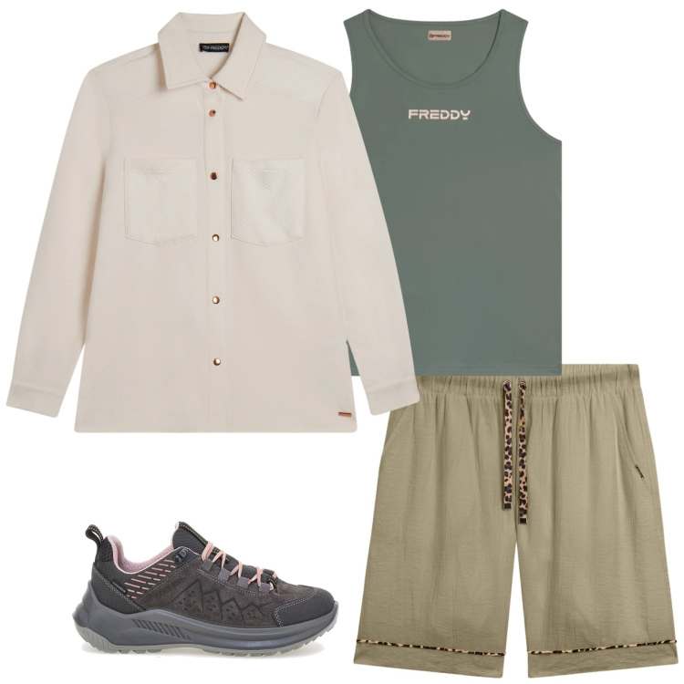 Outfit donna - In montagna. Stile Sporty chic per Tutti i giorni. Abbinamento con pantaloni corti, camicie, canottiere, scarpe sportive.