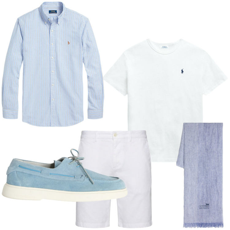 Outfit uomo - Camicia aperta d’estate. Stile Urban per Tutti i giorni. Abbinamento con bermuda, sciarpe, scarpe stringate, camicie, t-shirt.