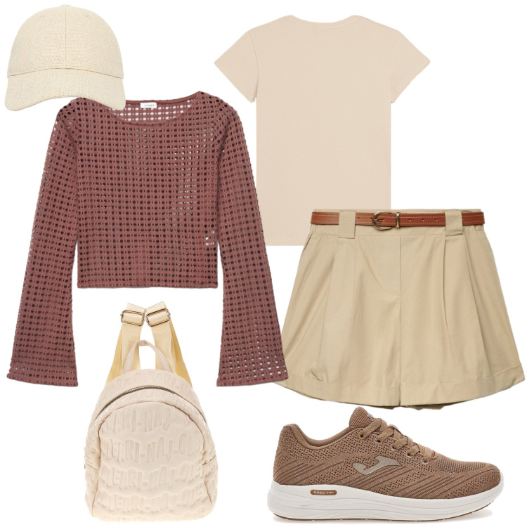 Outfit donna - Alpine Altitude. Stile Casual chic per Tutti i giorni. Abbinamento con cappelli con visiera, maglieria, shorts, t-shirt, scarpe sportive, zaini.